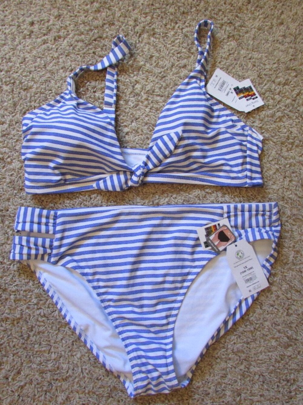 NWT Time & Tru 1X 16/18W Blue White Stripe Halter Padded High Cut Bikini